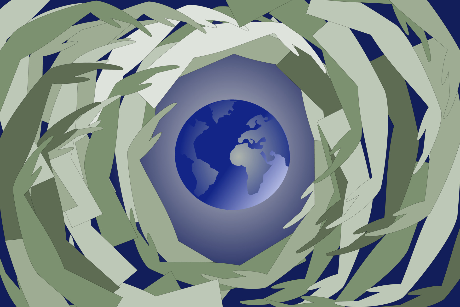 Illustration of globes surrounded by hands,abstract paintings,vector