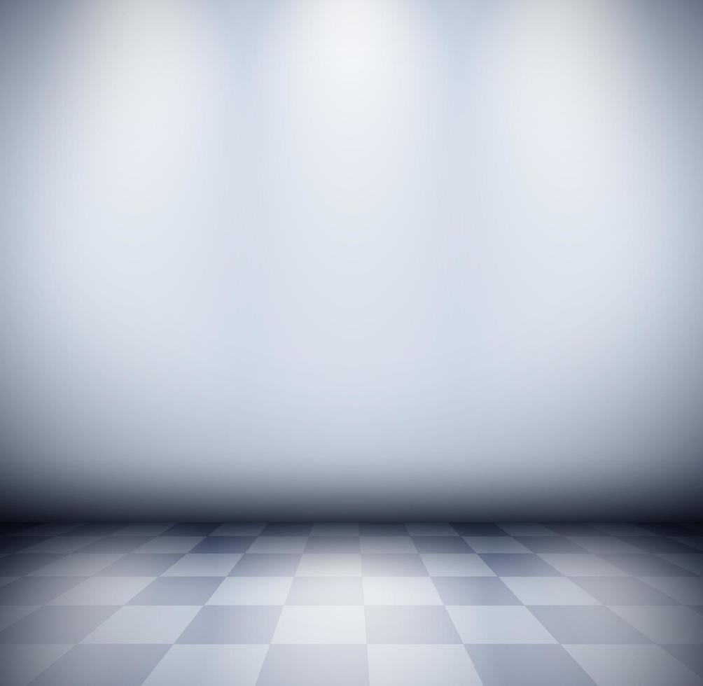 Dark misty room with checkered floor and lights vector
