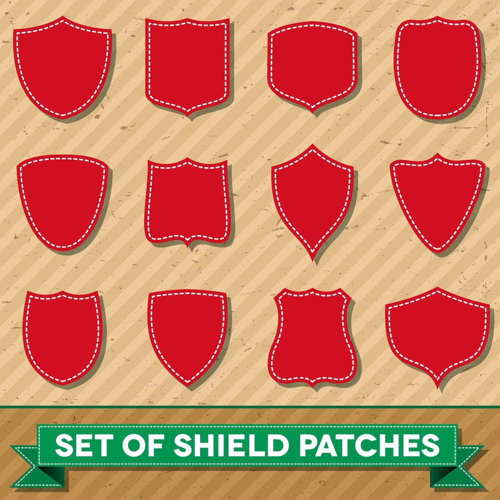 Set of blank shield shaped stitched patches vector