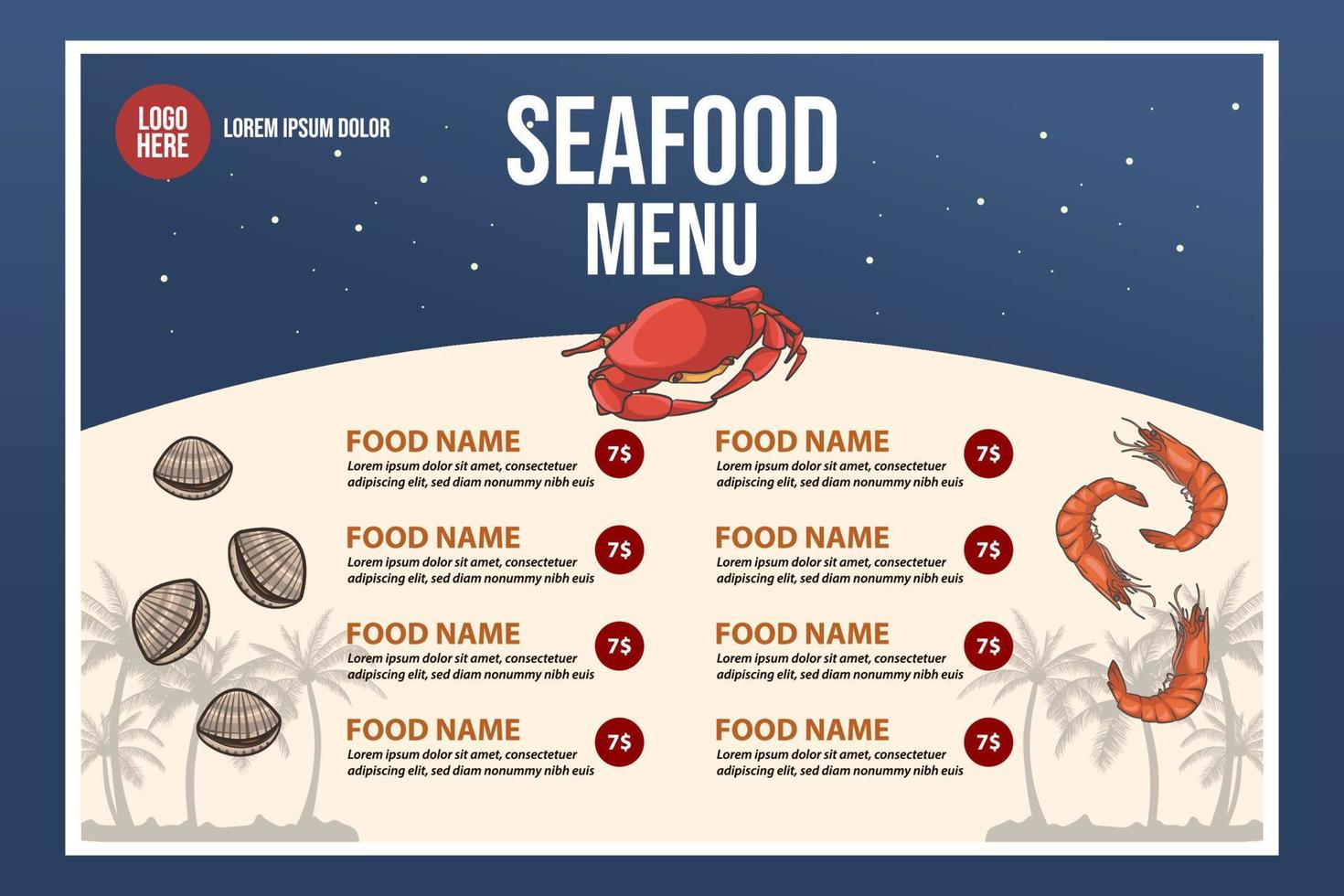 Restaurant Cafe menu, template design. Seafood vector