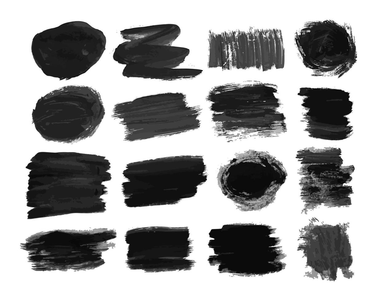 Set of sixteen black hand drawn ink stains. Ink spots isolated on white background. Vector illustration