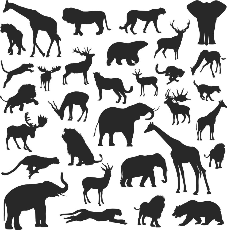 siluetas negras de animales salvajes con león elefante guepardo y ciervo vector ilustración aislada