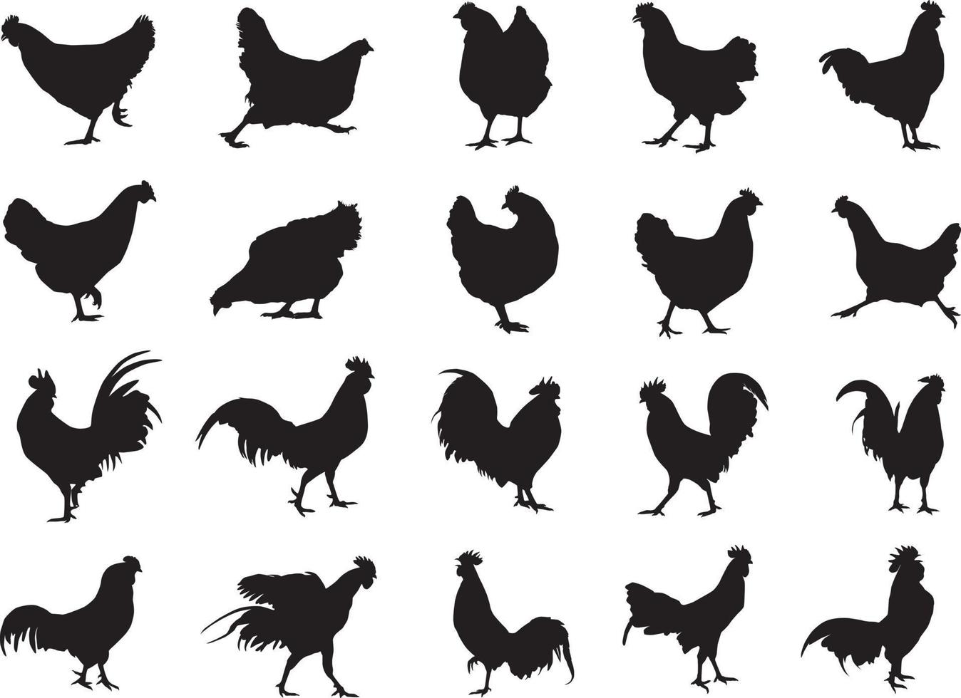 Chicken set hen and rooster silhouette vector