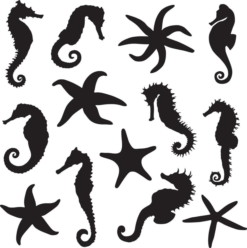 seahorses and starfish silhouette vector