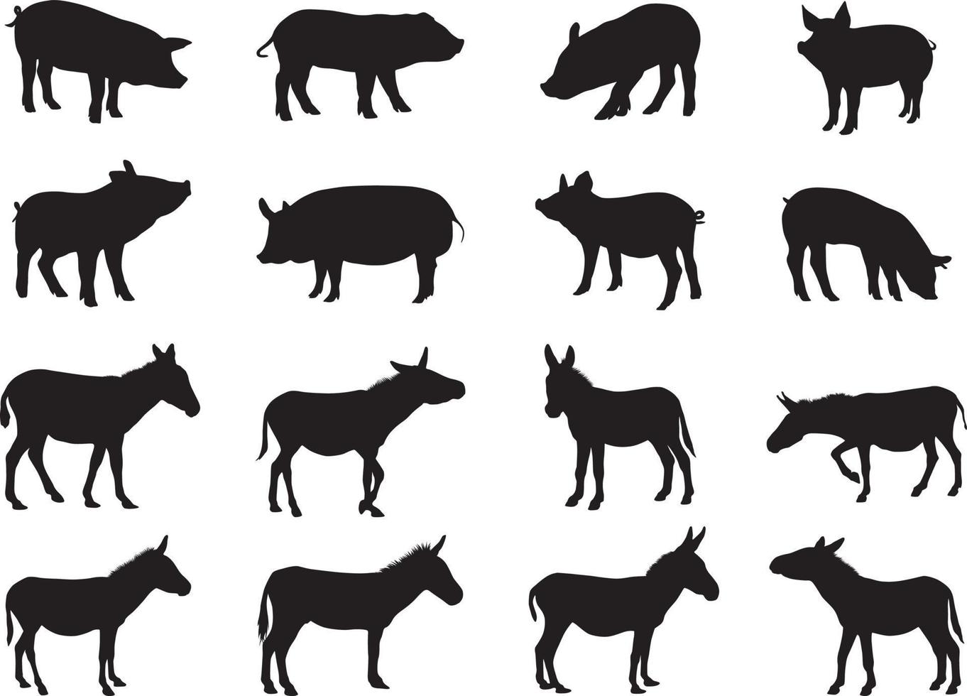 Pig and donkey silhouette vector