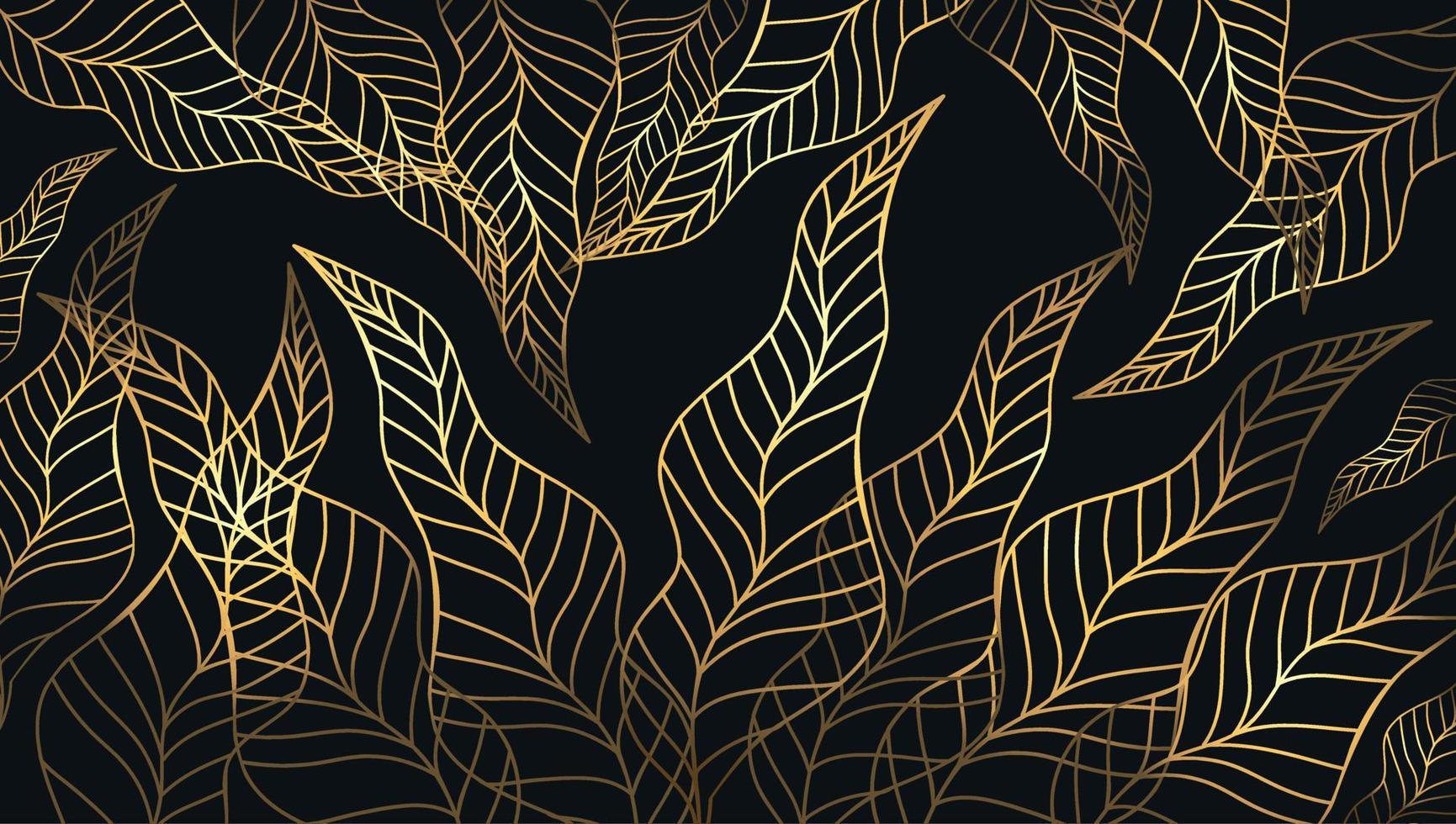 Luxury gold and black background with plants. Leaf outline. Minimal art. Vector art