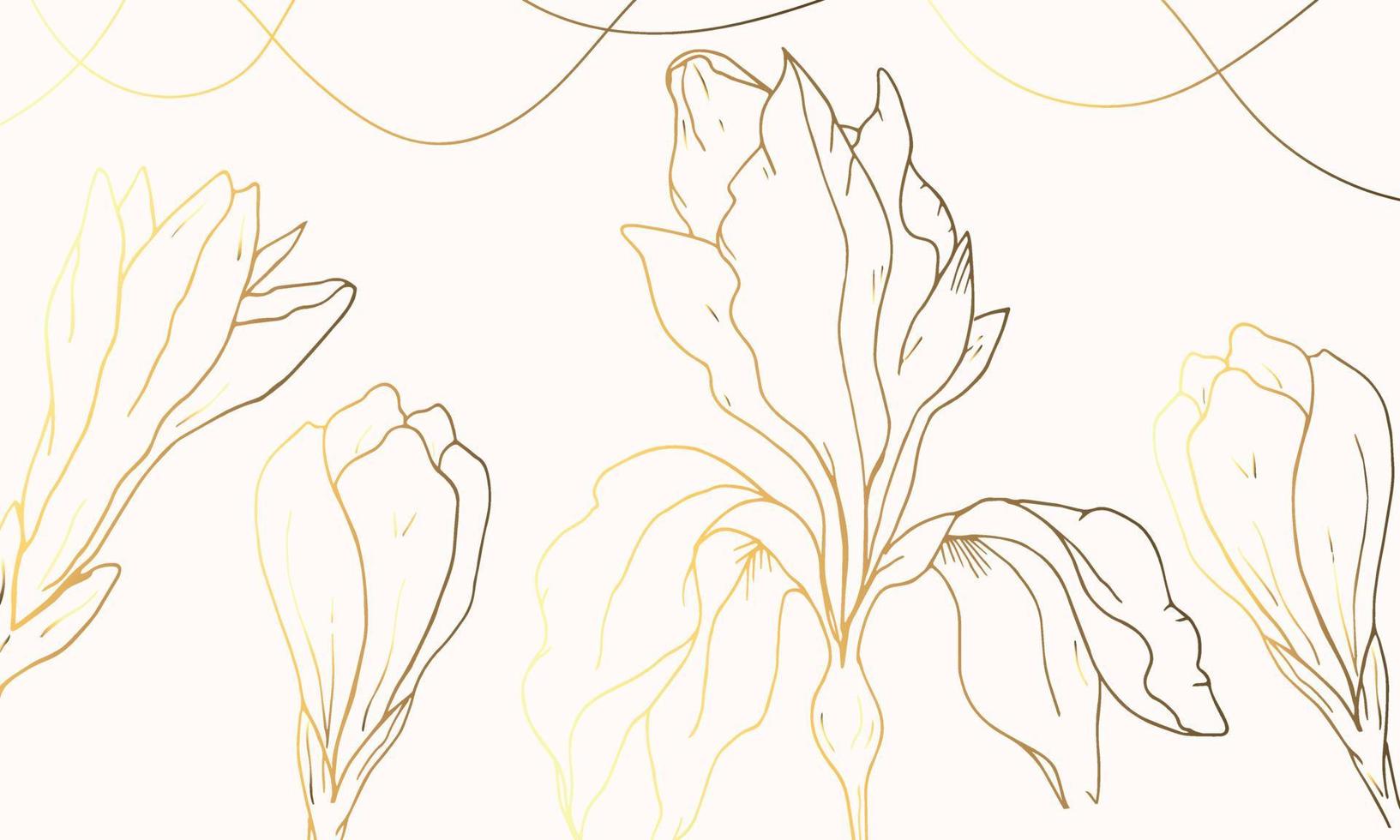 Luxury gold and beige background with plants. Flower outline. Iris. Hand drawn. Minimal art. Vector art