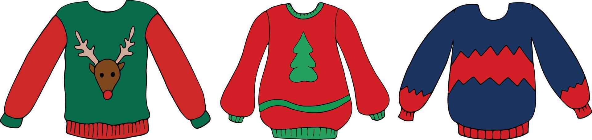 Hand drawn set of winter warm ugly sweaters. Winter clothes. Vector illustration. Winter and Christmas theme