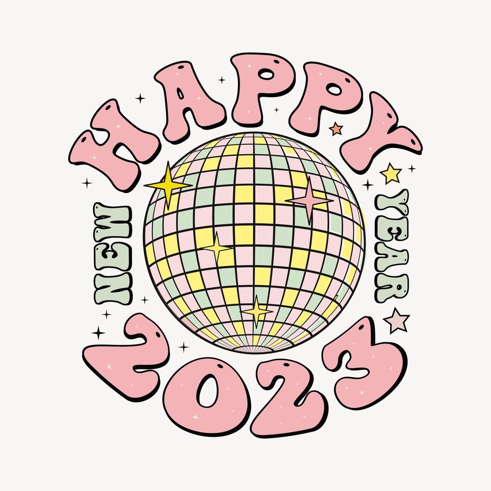 Retro Groovy Happy new year 2023 with festive. Lettering Composition With Stars And Sparkles. Vector Illustration. dark background. holyday decorative elements. congratulation