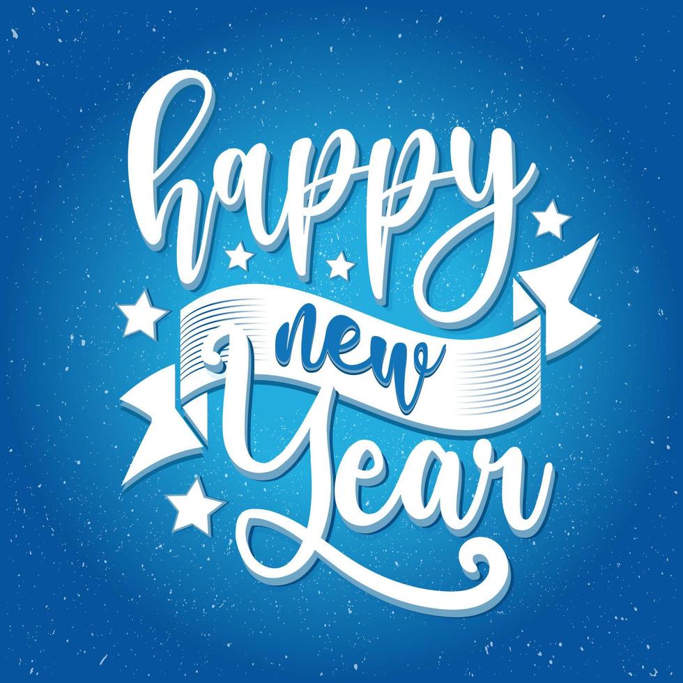 Happy New Year lettering on blue blurry Celebration typography vector background with sparkles. Greeting card design template with 3D typography label