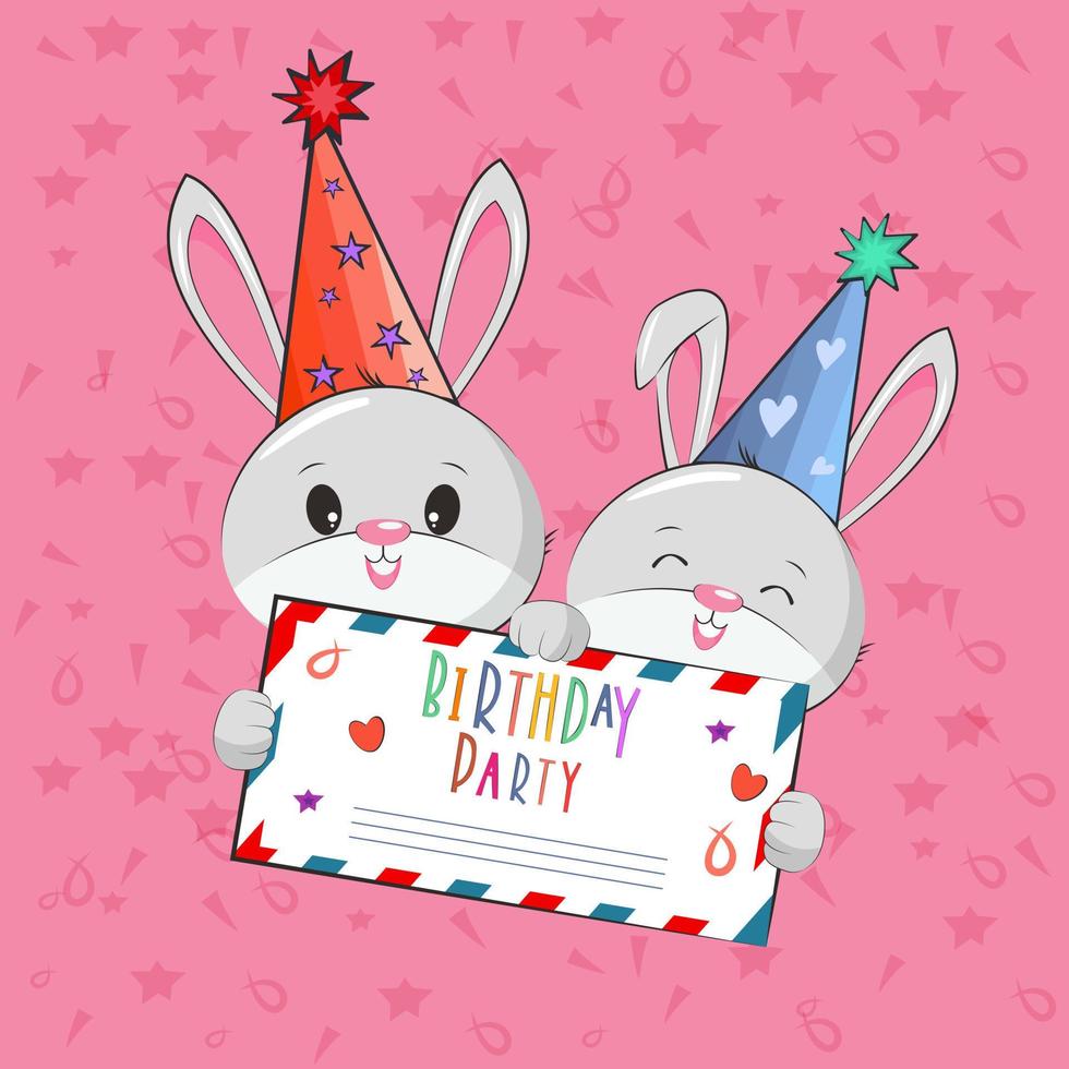 happy birthday party invitation with cute rabitts vector illustration design