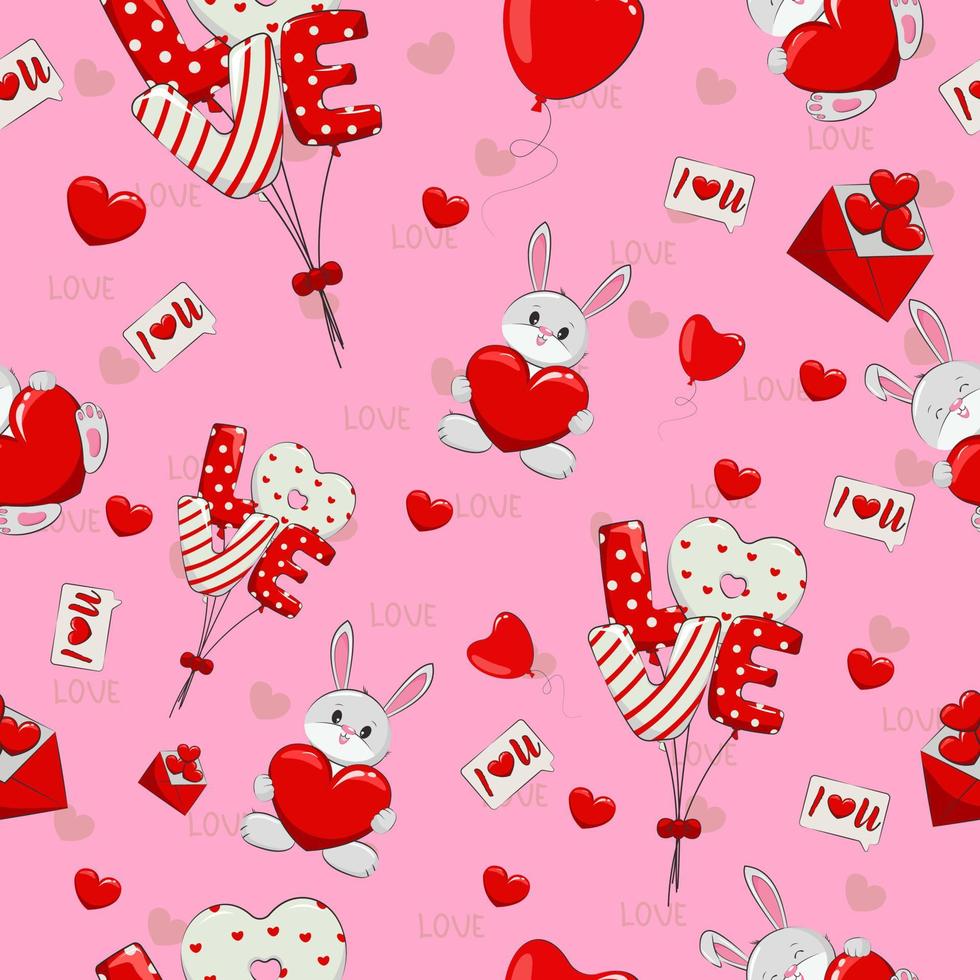 Seamless pattern cute valentine with rabitts, cute cartoon illustration vector