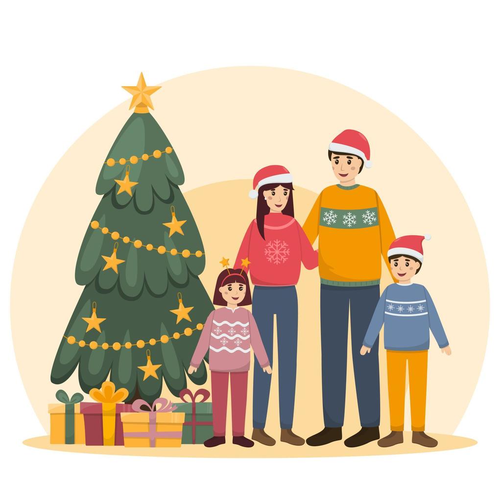 The family stands in front of a Christmas tree with gifts. Mom, dad, son and daughter. New Year and Christmas. Vector illustracion