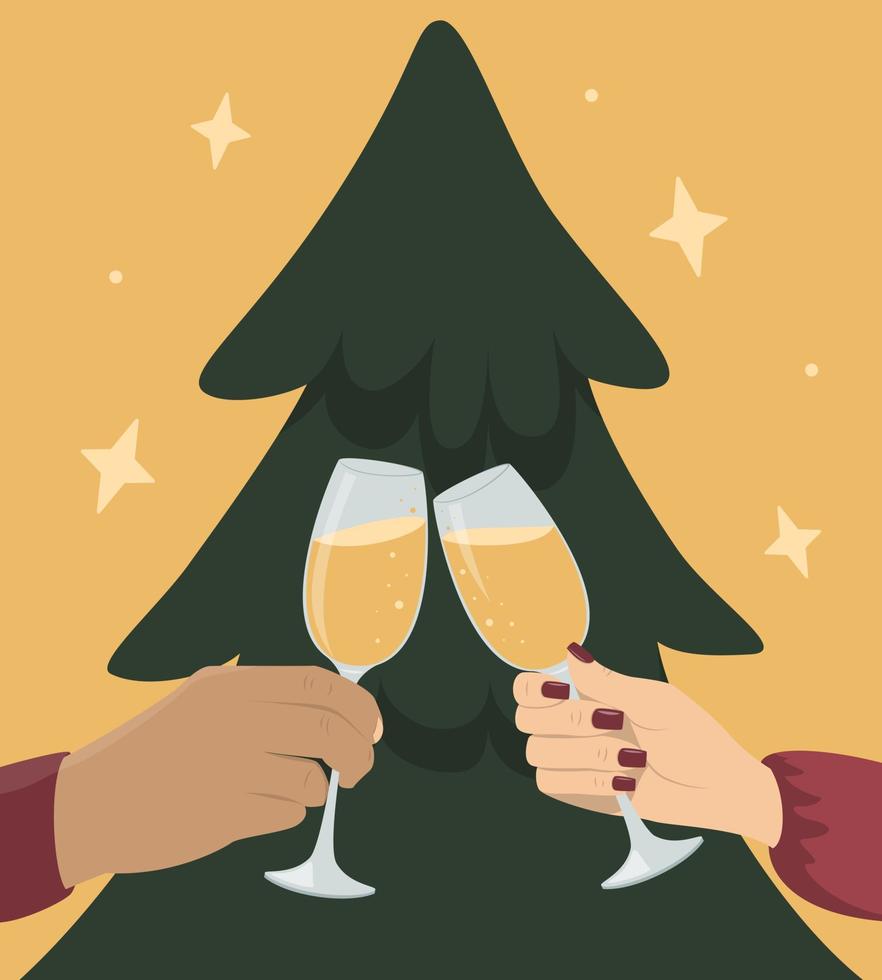 año nuevo y navidad, manos con un vaso en el fondo del árbol de navidad. primer plano de un grupo de personas tintineando copas de vino o champán vector