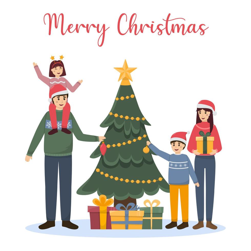 la familia decora el árbol de navidad. mamá, papá, hijo e hija. año nuevo y navidad. ilustración vectorial vector
