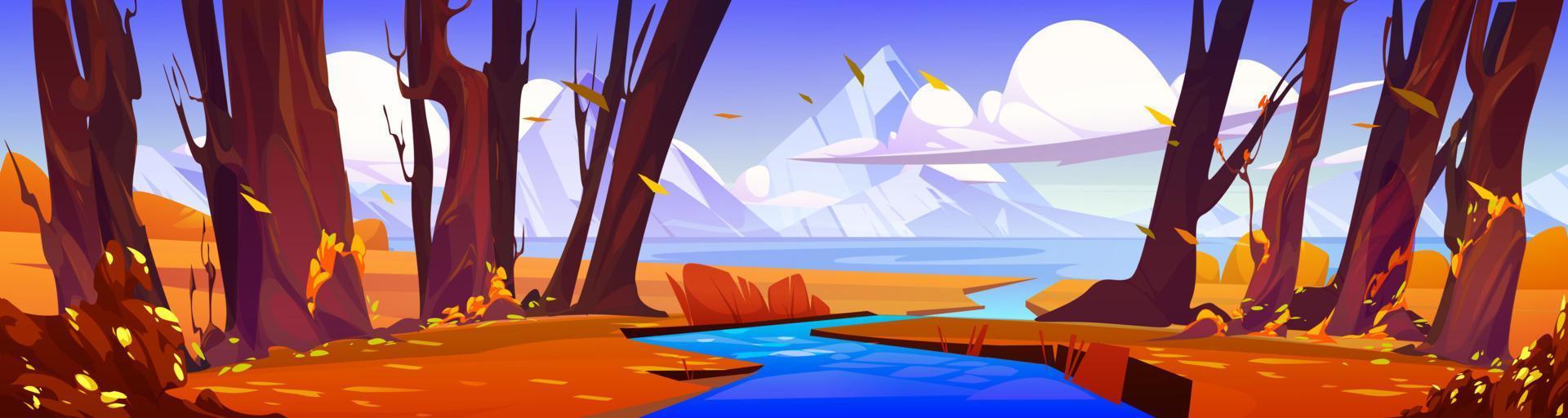 Cartoon landscape stream flow into mountain lake vector
