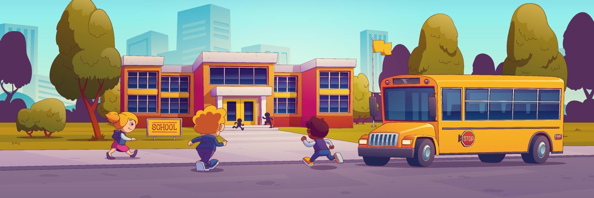 niños felices de regreso a la escuela con el autobús amarillo vector