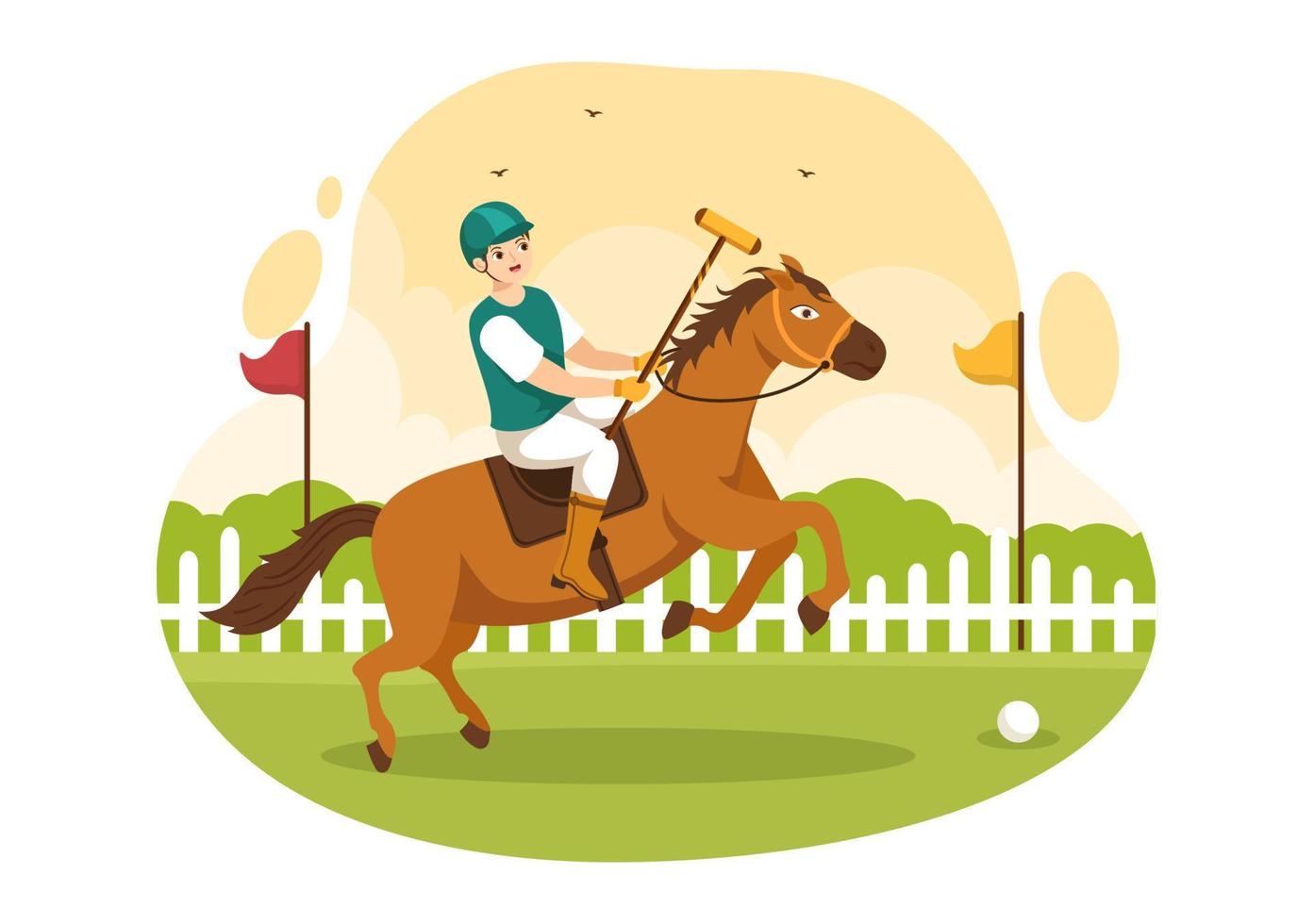 deportes de polo a caballo con jugador montando a caballo y sosteniendo equipo de uso de palo en cartel de dibujos animados planos ilustración de plantilla dibujada a mano vector