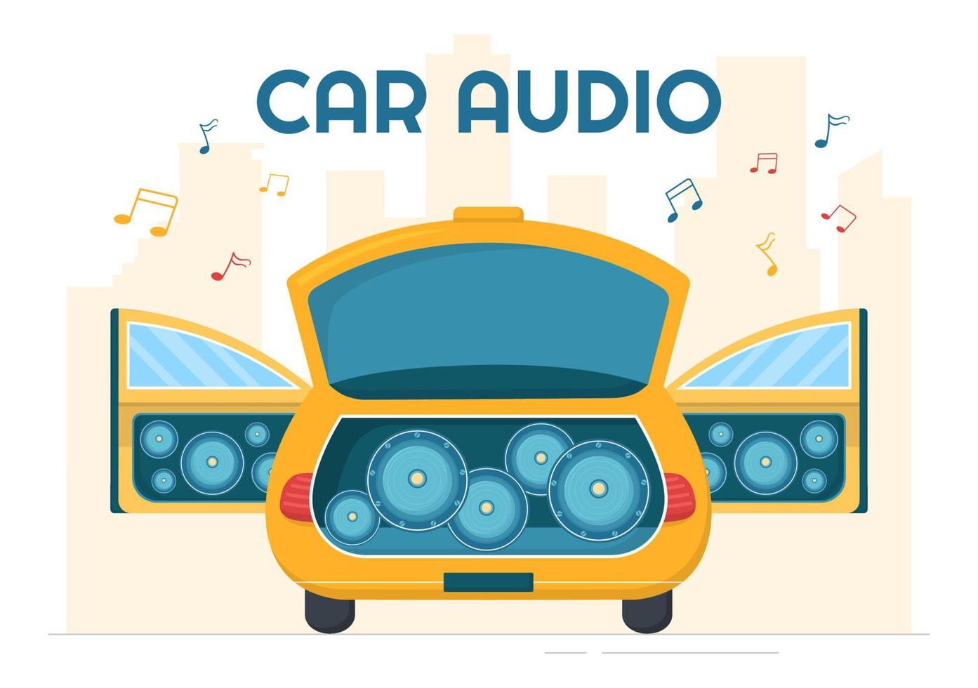 audio de automóvil con altavoces, sistema de sonido o automóvil de música en ilustración de plantillas dibujadas a mano de póster de caricatura plana vector