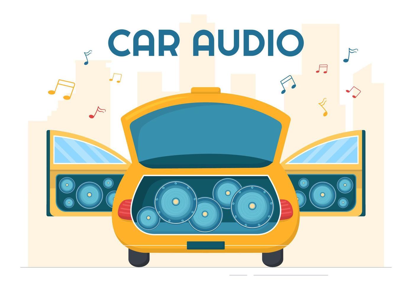 Car Audio with Loud Speakers, Sound System or Music Automobile in Flat Cartoon Poster Hand Drawn Templates Illustration vector