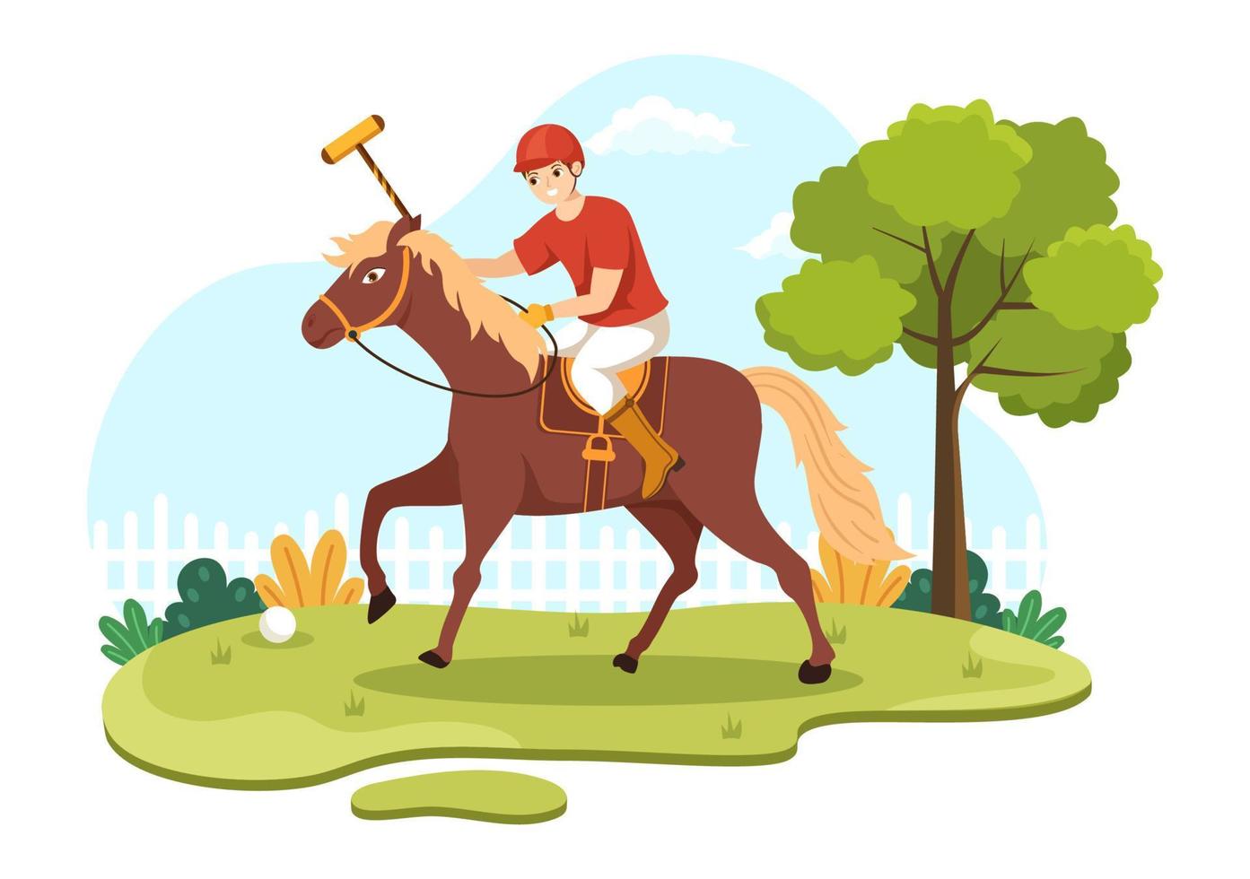 deportes de polo a caballo con jugador montando a caballo y sosteniendo equipo de uso de palo en cartel de dibujos animados planos ilustración de plantilla dibujada a mano vector