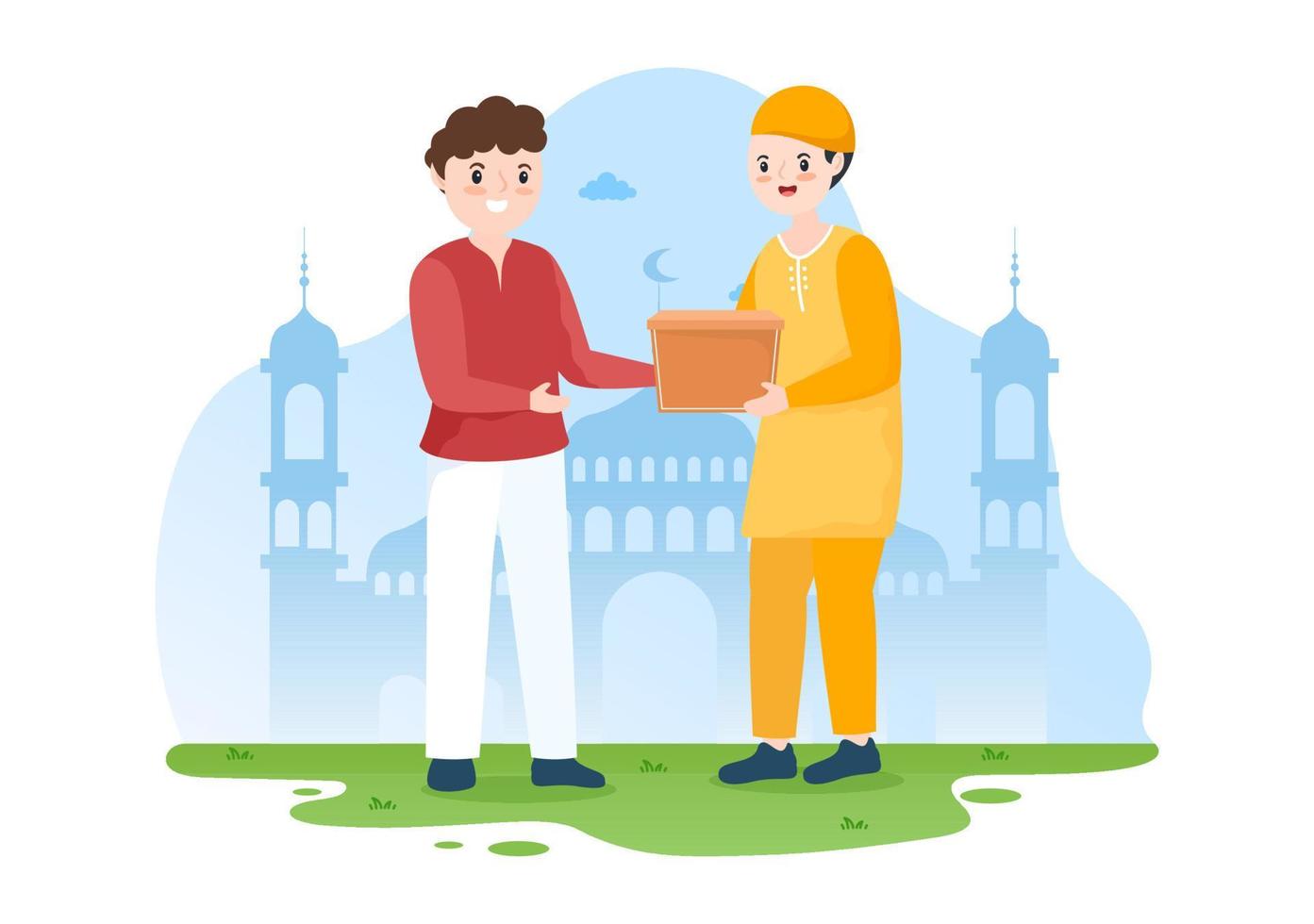 Muslim People Giving Alms, Zakat or Infaq Donation to a Person Who Need it in Flat Cartoon Poster Hand Drawn Templates Illustration vector