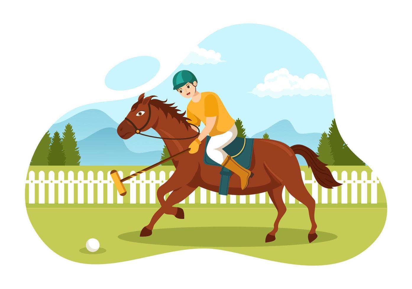 deportes de polo a caballo con jugador montando a caballo y sosteniendo equipo de uso de palo en cartel de dibujos animados planos ilustración de plantilla dibujada a mano vector