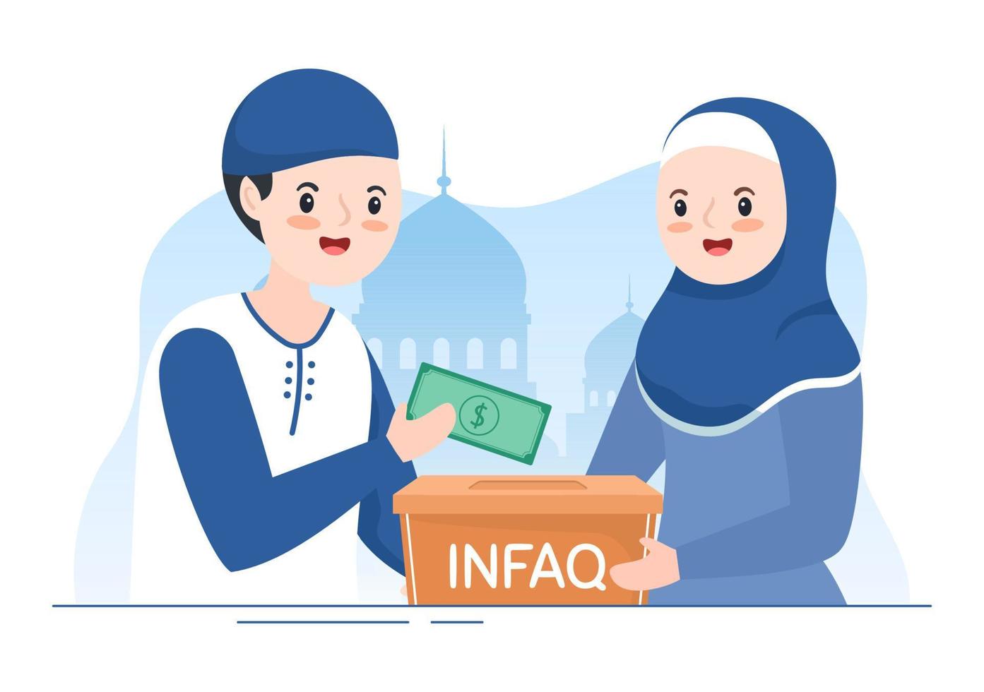 Muslim People Giving Alms, Zakat or Infaq Donation to a Person Who Need it in Flat Cartoon Poster Hand Drawn Templates Illustration vector