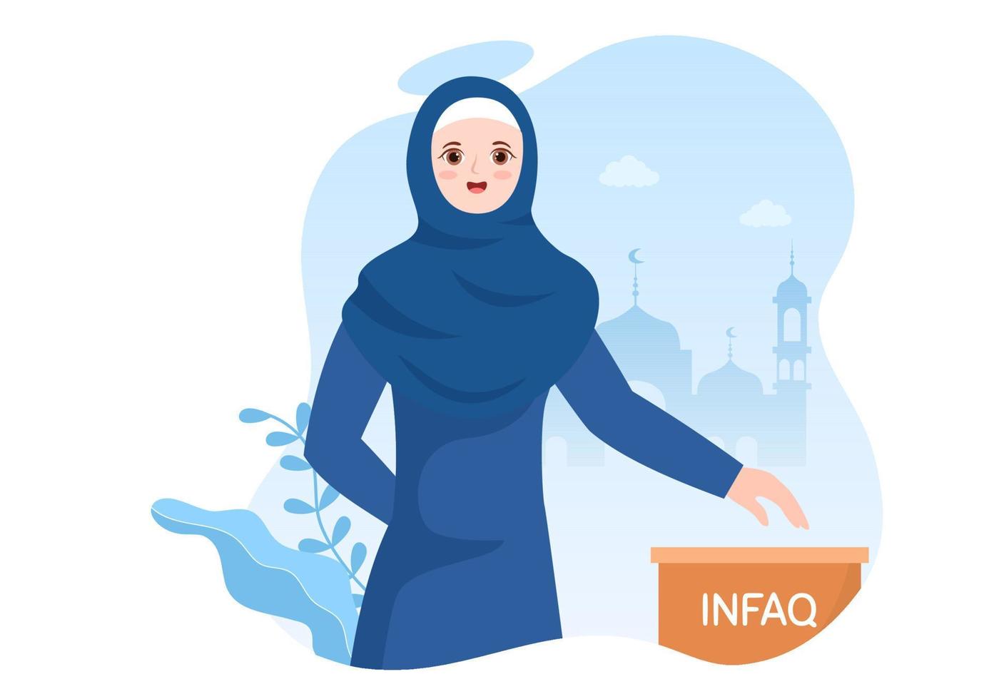 Muslim People Giving Alms, Zakat or Infaq Donation to a Person Who Need it in Flat Cartoon Poster Hand Drawn Templates Illustration vector