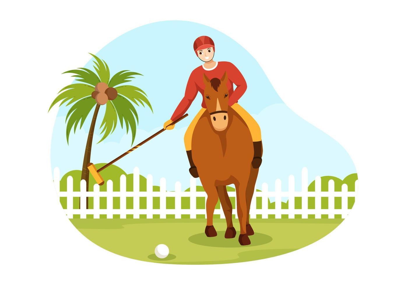 deportes de polo a caballo con jugador montando a caballo y sosteniendo equipo de uso de palo en cartel de dibujos animados planos ilustración de plantilla dibujada a mano vector