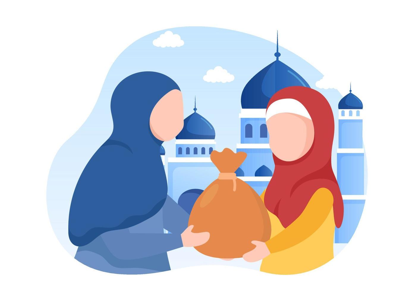 Muslim People Giving Alms, Zakat or Infaq Donation to a Person Who Need it in Flat Cartoon Poster Hand Drawn Templates Illustration vector