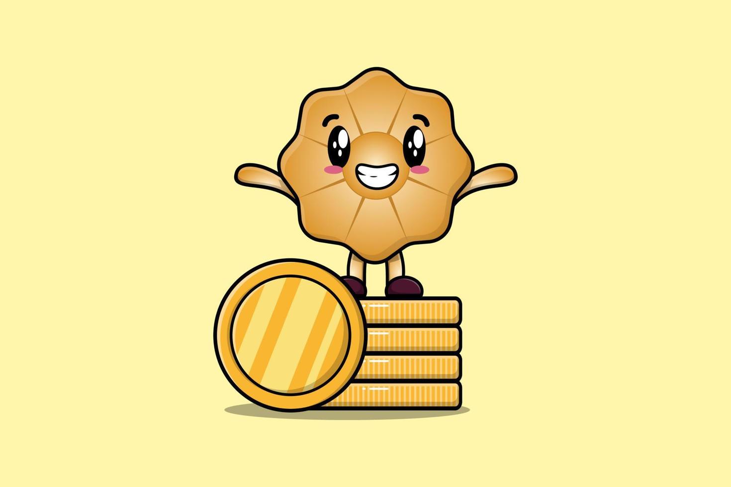 Cute cartoon Cookies standing in stacked gold coin vector