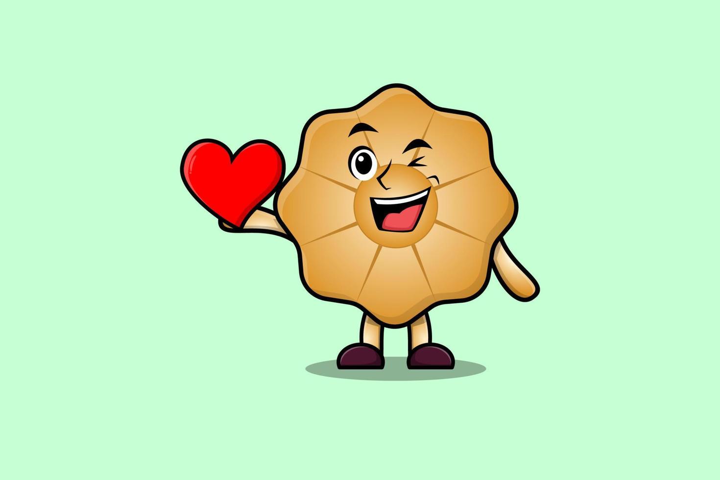 lindo personaje de dibujos animados de galletas tiene un gran corazón rojo vector