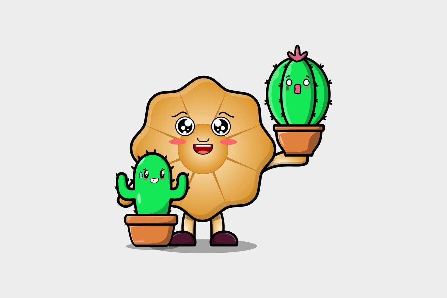 personaje de dibujos animados lindo galletas mantenga planta de cactus vector