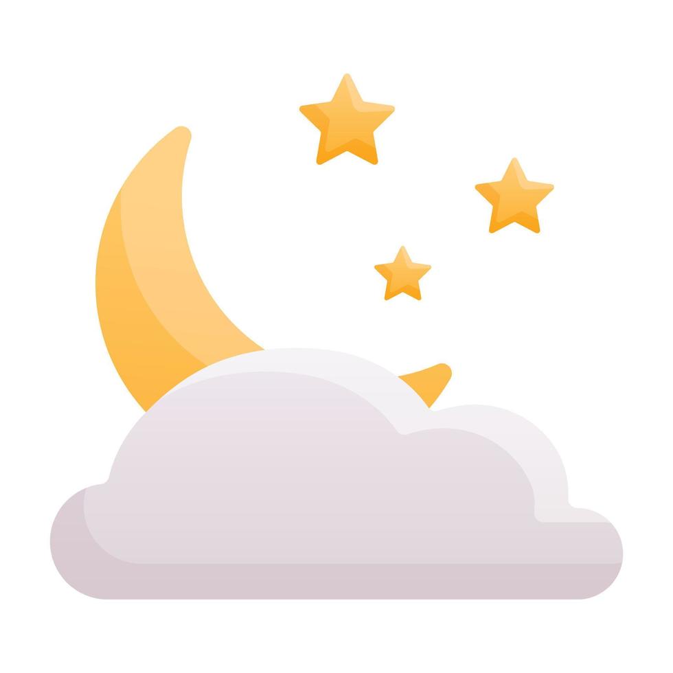 ilustración aislada simple de dibujos animados vectoriales. icono de luna o pegatina con estrellas y nubes sobre fondo blanco. decoración de bebé sobre el tema de la hora del sueño. vector