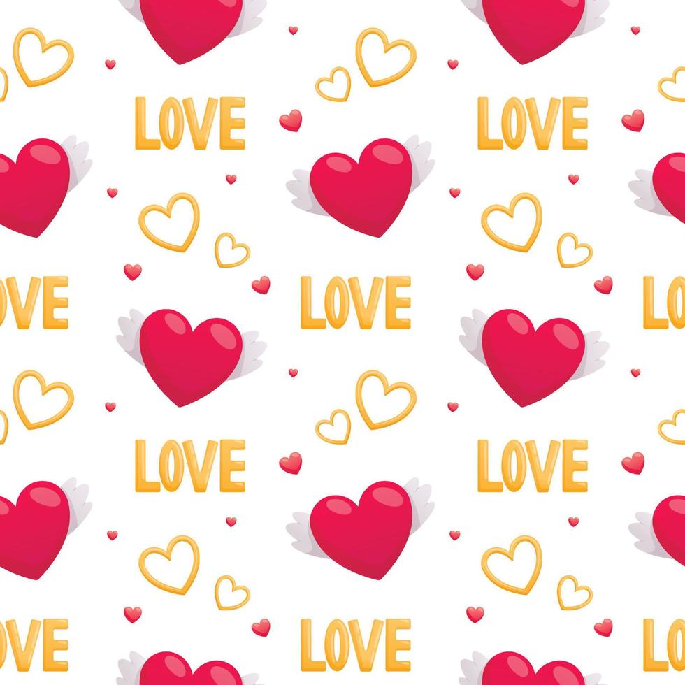 Vector seamless pattern of cartoon volumetric icons for valentines day in bright pink and gold colors. Isolated heart with wings, falling in love, lettering. Stickers for decoration.
