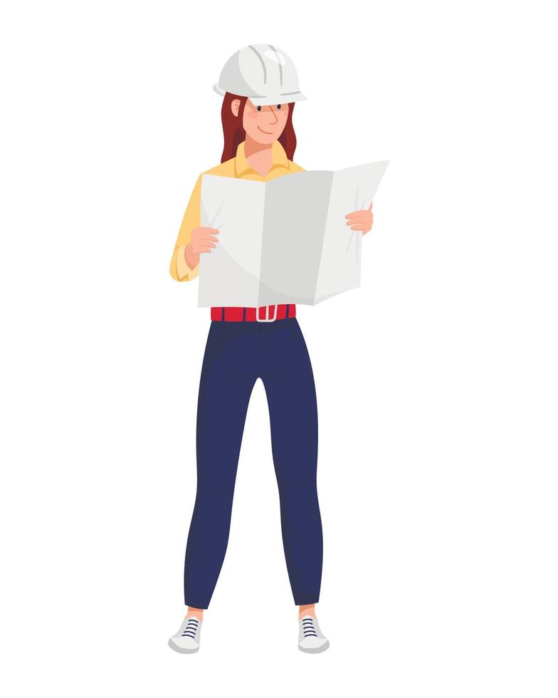 Vector illustration of a woman engineer in a protective helmet stands full-length and holds a map or architectural project of work. A cartoon drawing of a construction expert.