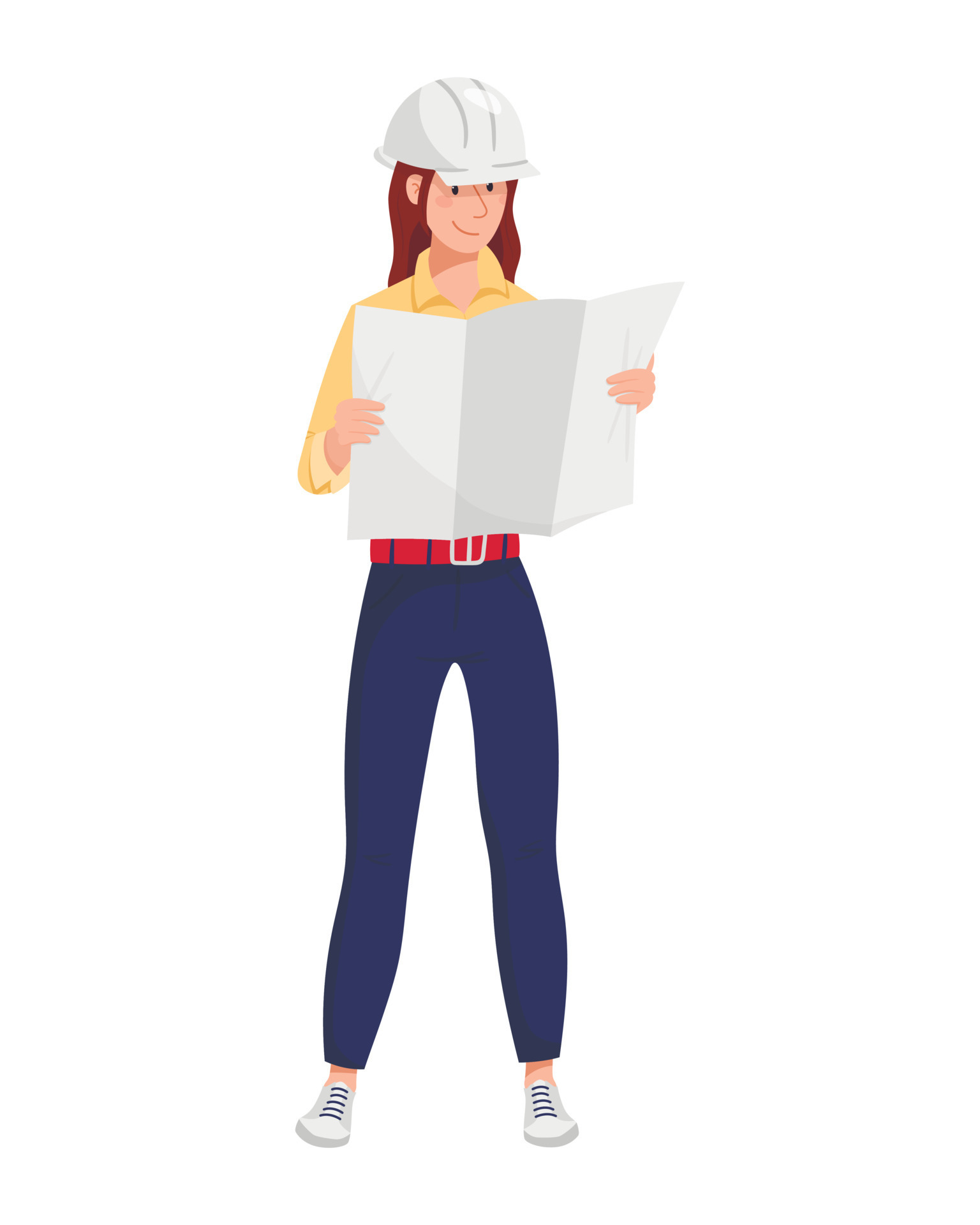 Vector illustration of a woman engineer in a protective helmet stands  full-length and holds a map or architectural project of work. A cartoon  drawing of a construction expert. 15836242 Vector Art at
