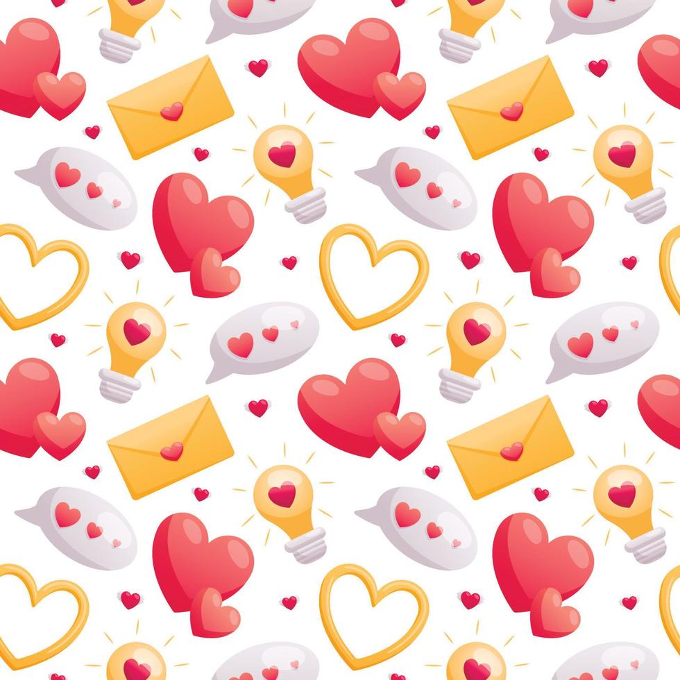 Vector seamless pattern of cartoon volumetric icons for valentines day. Isolated heart, falling in love, letter and bubble speech. Stickers for decoration.