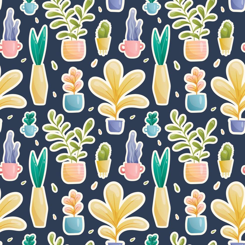 Seamless vector pattern of stickers of domestic fairy fantastic plants in pots and vases of various unusual shapes and bright colors with reflection. Large and small leaves painted in gradient, cacti.