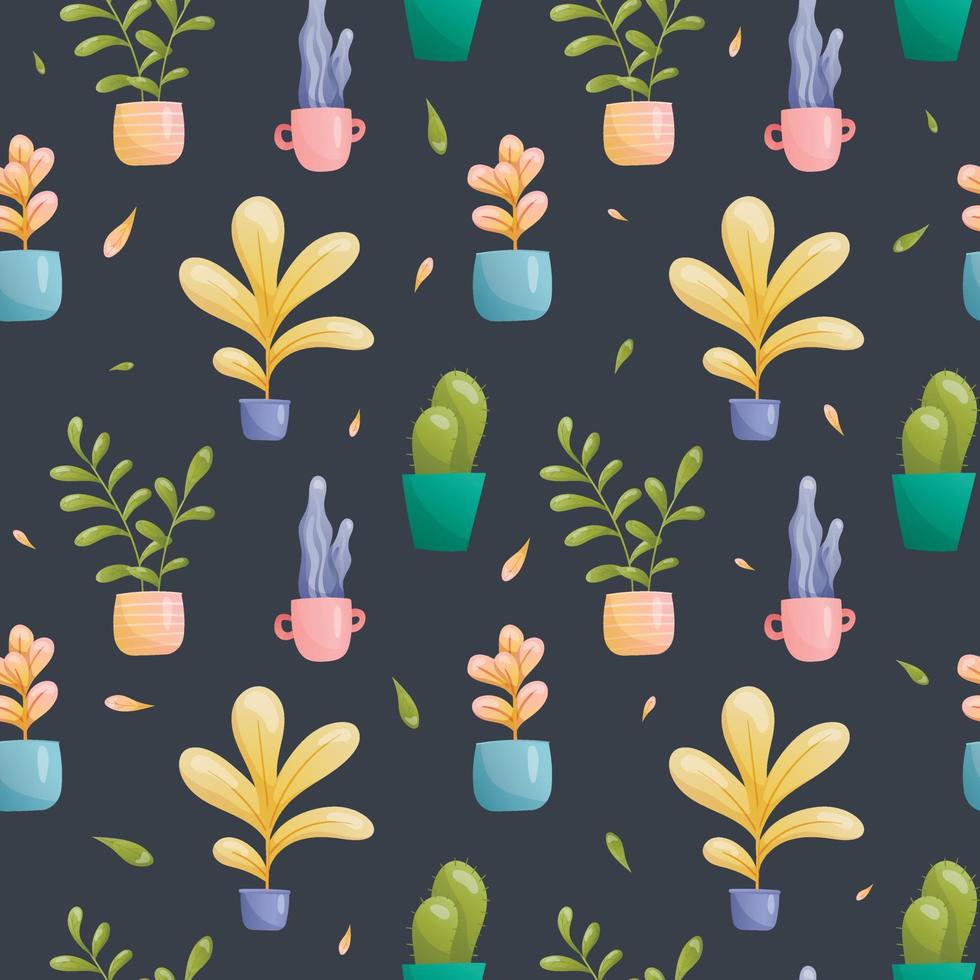patrón vectorial transparente de imágenes de plantas fantásticas de hadas domésticas en macetas y jarrones de varias formas inusuales y colores brillantes con reflejo. hojas grandes y pequeñas pintadas en degradado, cactus. vector