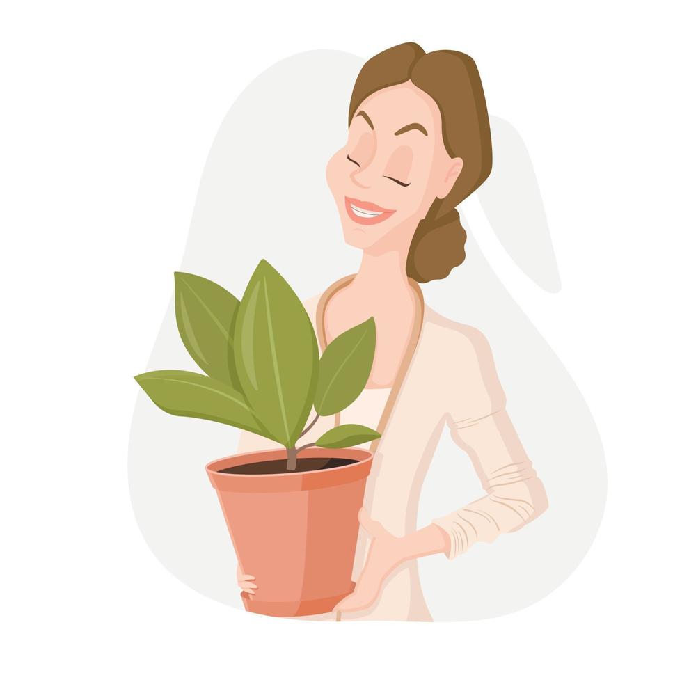 ilustración vectorial aislada sobre fondo blanco. alegre mujer de dibujos animados con un moño de pelo sostiene una olla de barro con una planta en sus manos. ficus con hojas grandes. imagen de hobby en casa. vector