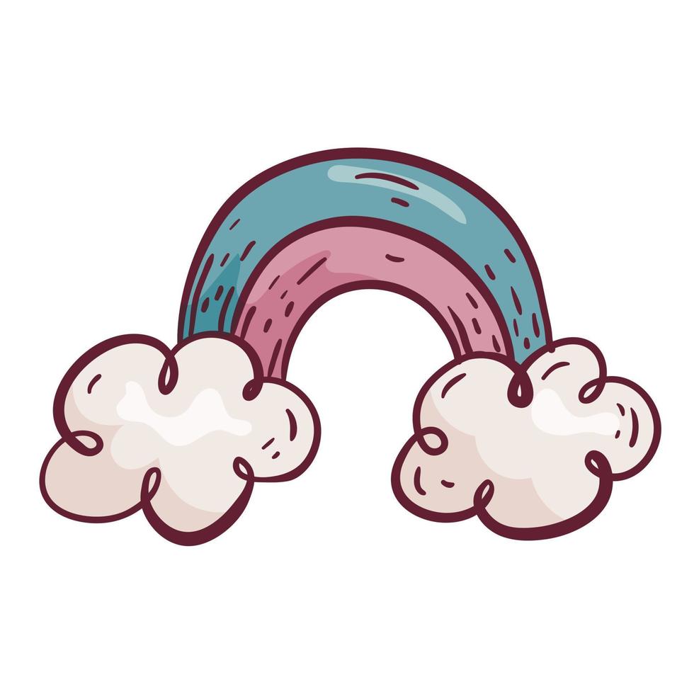 Vector cartoon illustration. Children rainbow with clouds in doodle style isolated on white background. Design element.