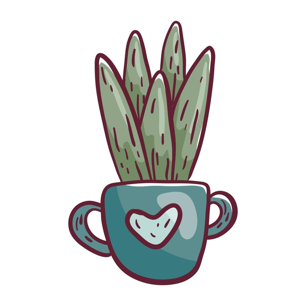 Cute home plant succulent with large leaves in a pot with handles. Doodle sticker, a decorative element on the theme of growing flowers and home hobbies. vector