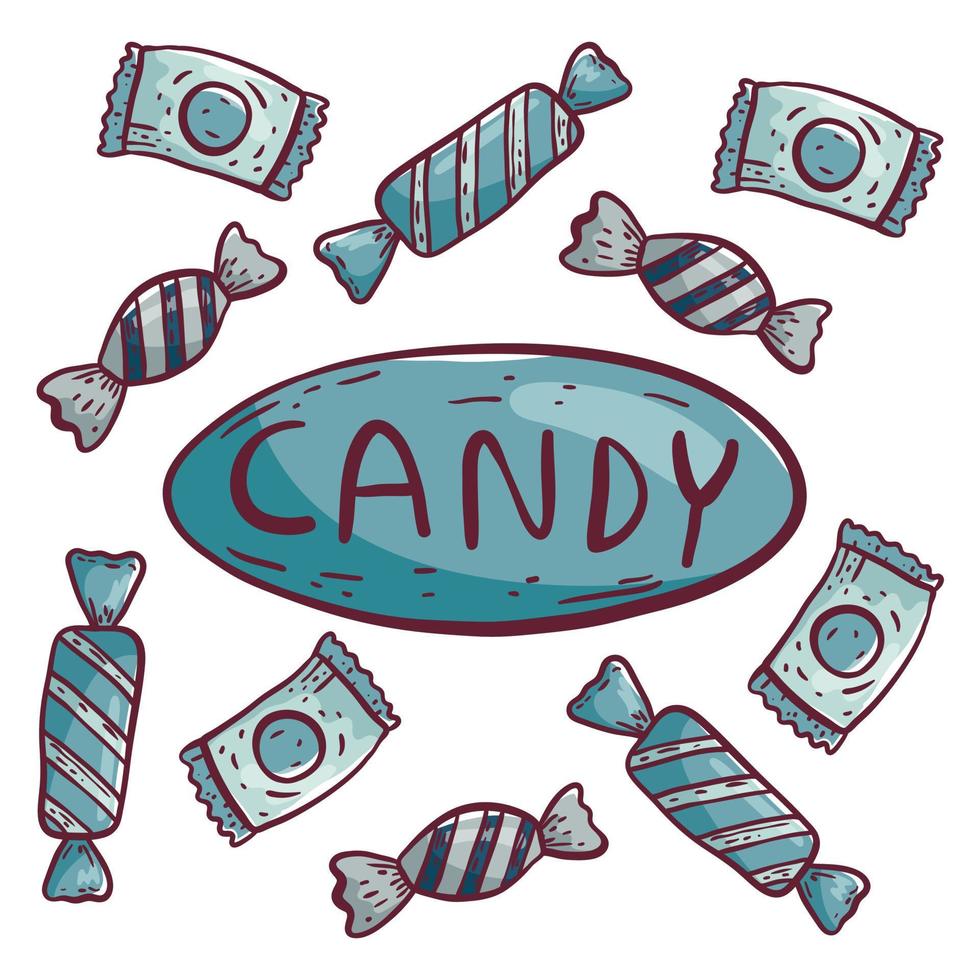 Set of isolated vector doodle elements on a white background with wide strokes. Cute funny wrapped candies and lollipops. Pop-up inscription with hand lettering. Decoration elements.