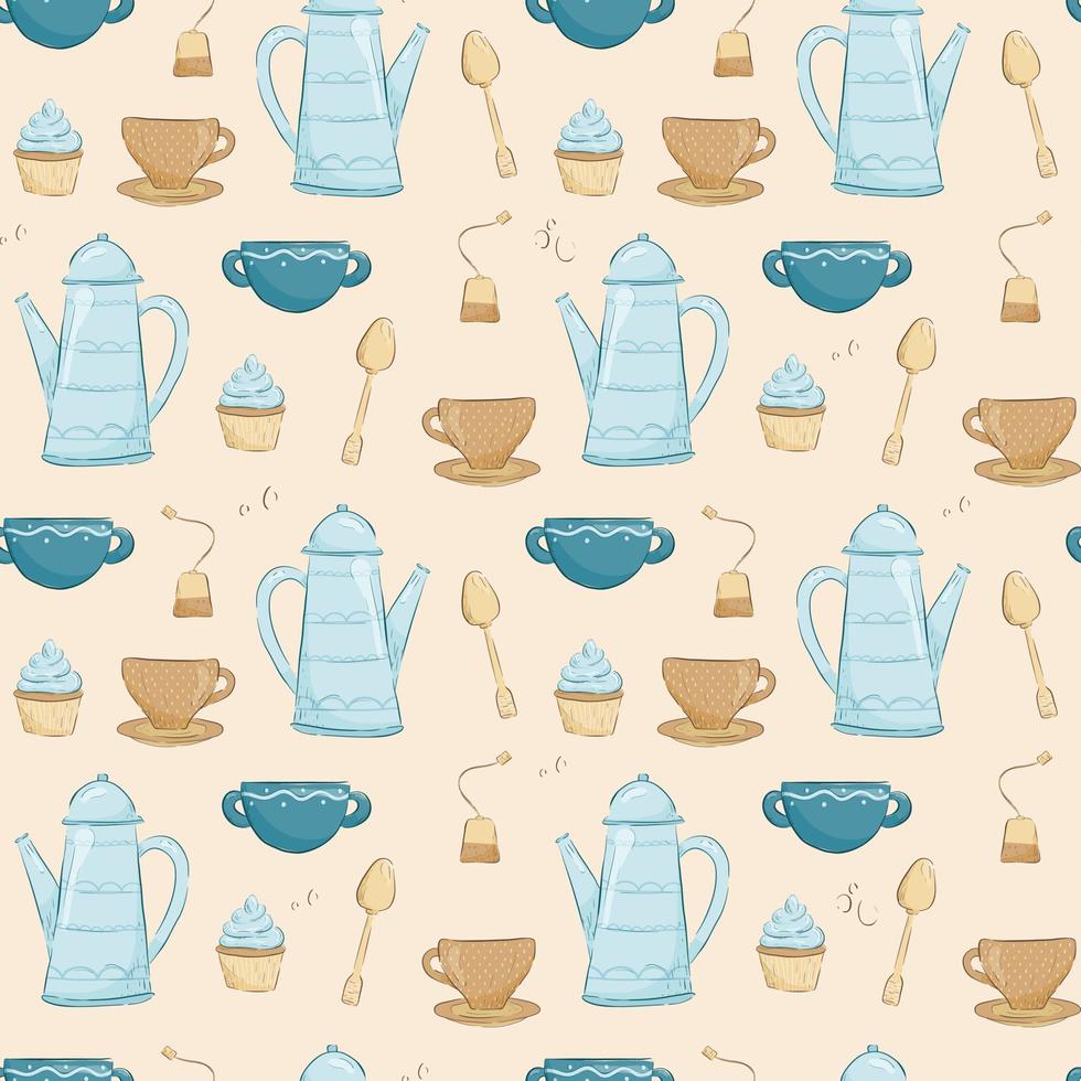 Cute cozy vector seamless pattern. Cups and teapot with tea, tea bag, muffin and teaspoon. Tea ceremony in warm colors. Decoration background or wrapping paper in cartoon style.
