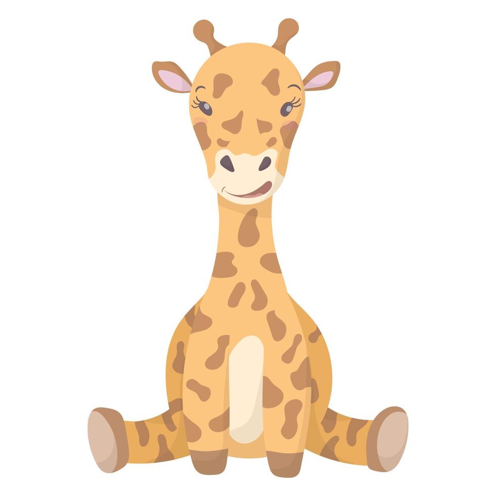 Vector isolated illustration on white background. Cute pink baby giraffe with crown. Cartoon animal to decorate baby items and backgrounds.