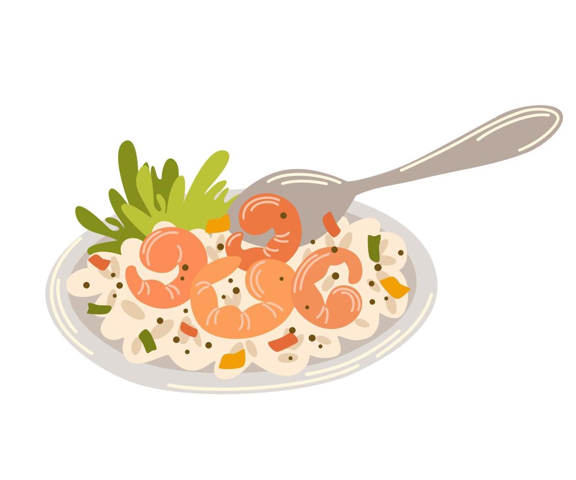 Rice with shrimp and vegetables. Asian Food. Perfect for restaurant cafe and print menus. Vector hand draw cartoon illustration.