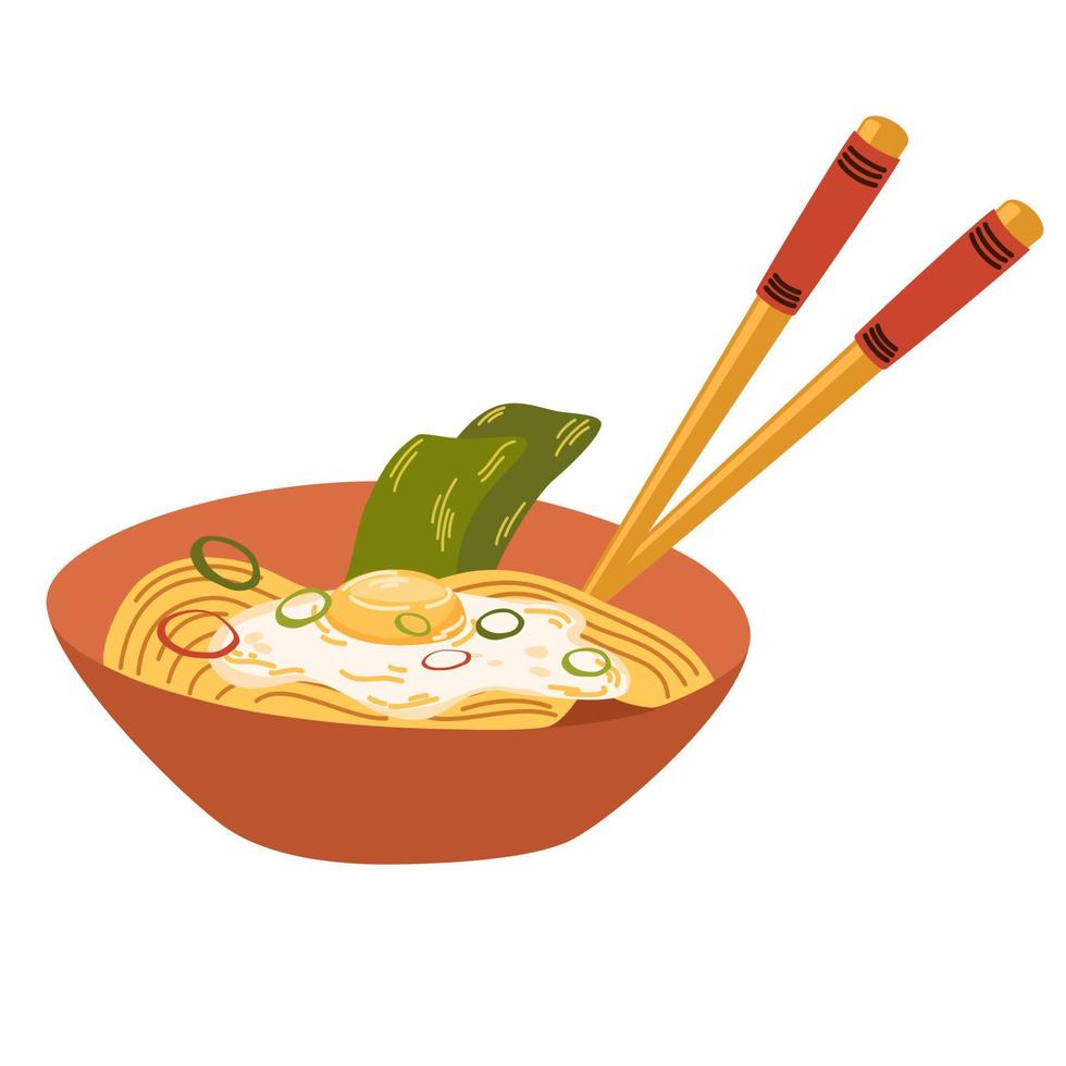 fideos ramen con huevo, carne, pescado, gambas y algas. sopa salada asiática servida en un tazón con palillos. perfecto para la cafetería del restaurante y los menús impresos. dibujo a mano vectorial ilustración de dibujos animados. vector