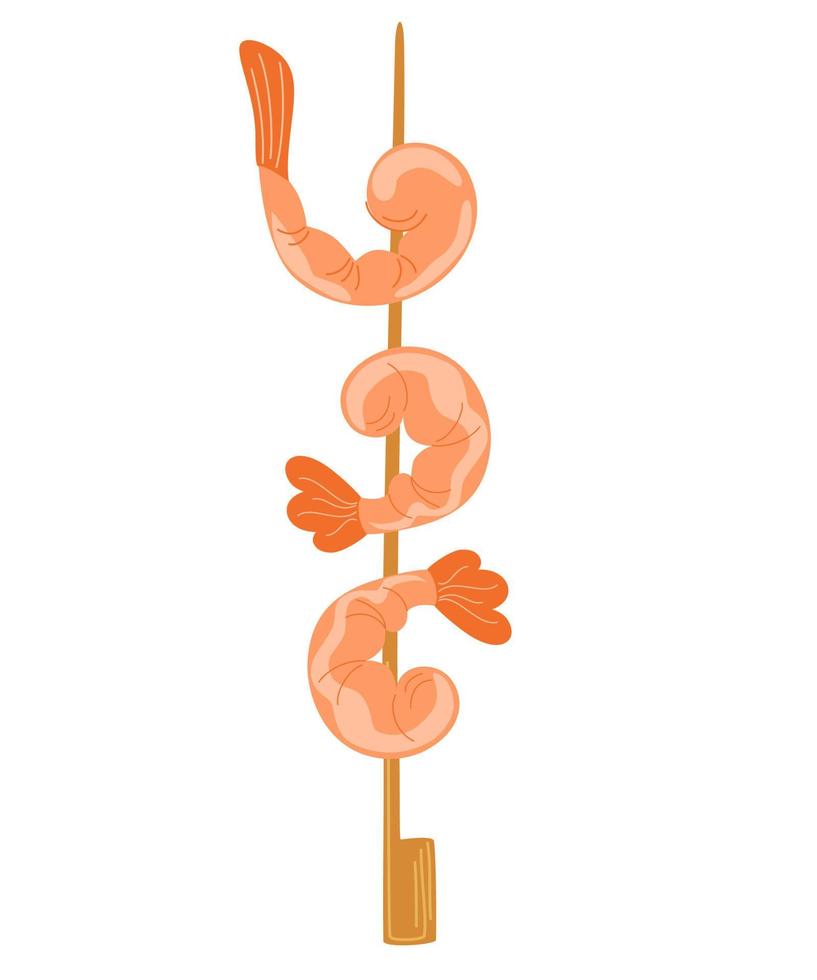 Shrimp on a stick. Asian fast food. Perfect for restaurant cafe and print menus. Vector hand draw cartoon illustration.